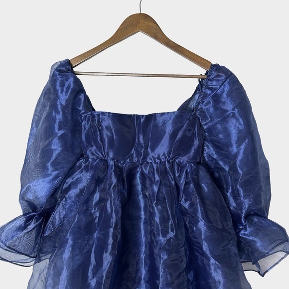 Windsor Navy Organza Puff Sleeve Babydoll Mini Dress XS Fairy Coquette Milkmaid - Picture 3 of 11